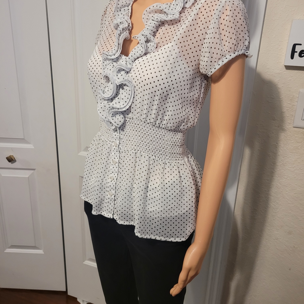 BCX White and Black Polka Dot Ruffle Blouse